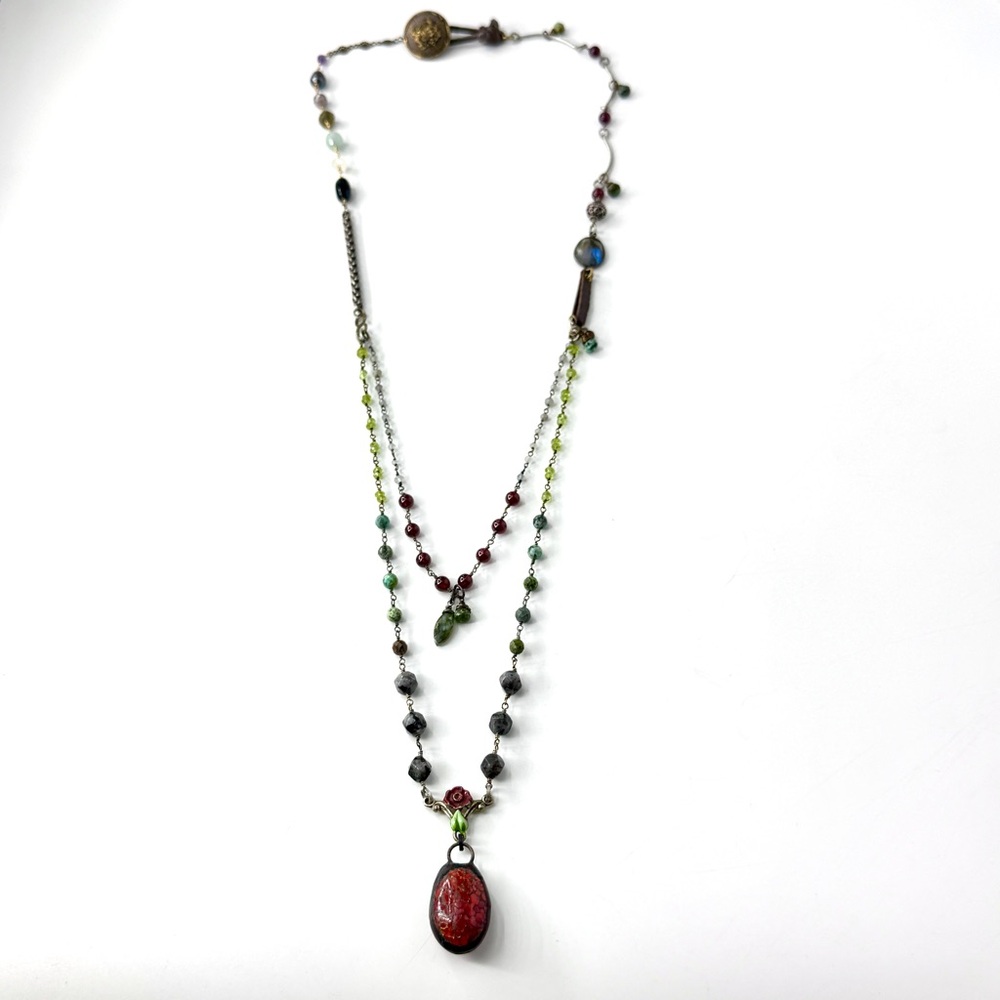 Upcycled Multiple Strand Mixed Gemstone Necklace, 1930’s Cherry Brand Pendant